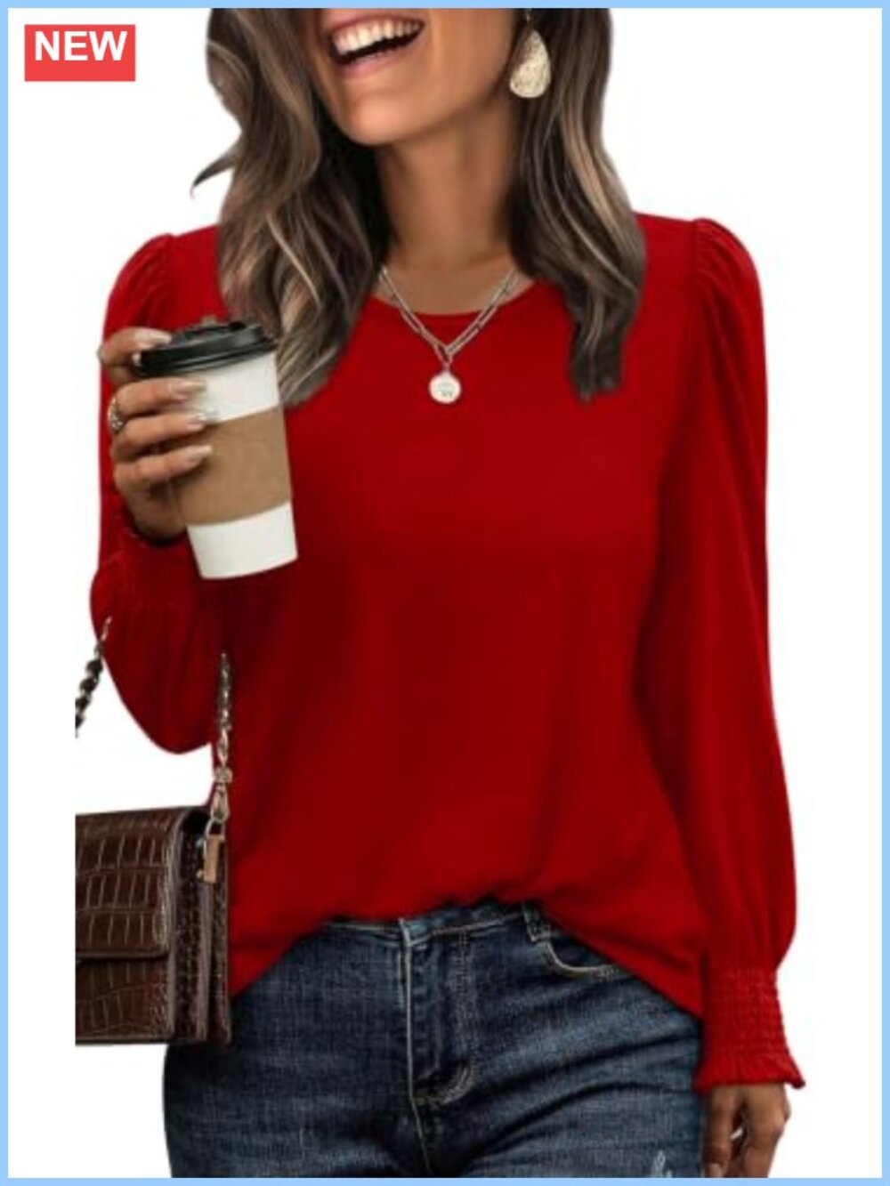 Women's Dressy Casual Puff Sleeve Tunic Blouse with Smocked Cuffs Long Sleeve